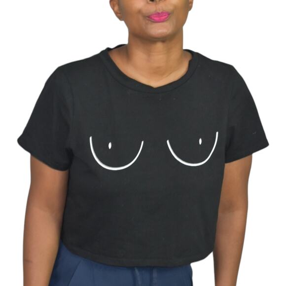 7 Day Wknd Boobs Crop Top Black Boobies Graphic Tee Cropped Cotton Shirt Small - Picture 12 of 13